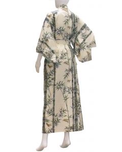 Damen Kimono mit Schmetterlingsärmeln aus Baumwolle in Beige mit grau-grünem Bambusmuster und braunen Sperlingen
