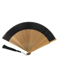 Handfächer aus braunem Bambus und schwarzer Seide. Lange Seidenquast mit Perle. Für Frau und Mann.