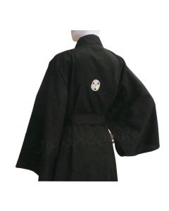 Kimono Mon schwarz , Tsumugi-Baumwolle gestickt mit Wappen 
