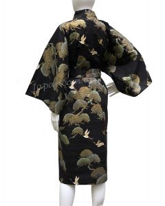 Damen / Herren Kimono Kraniche Kiefern schwarz knielang
