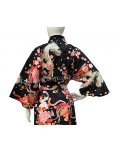 Bademantel Kimono Drachen Phönix schwarz Damen
