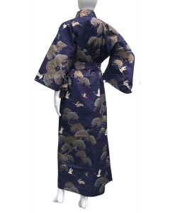 Damen Kimono Kraniche und Kiefern dunkelblau, Baumwolle