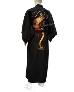 Kimono Golden Dragon - mit goldenen Seidenfäden gestickter Drachen auf schwarzer Shantung Baumwolle