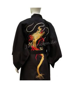 Kimono Golden Dragon - mit goldenen Seidenfäden gestickter Drachen auf schwarzer Shantung Baumwolle