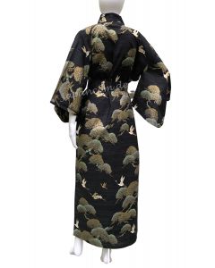 Damen Kimono Kraniche und Kiefern schwarz aus Baumwolle