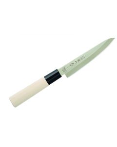 Kleines japanisches Messer mit Edelstahlklinge. Zum Schälen und Schneiden von Gemüse. Messergriff aus hellem Magnolienholz.