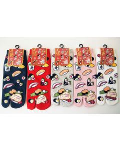 Bunte Tabi-Socken aus Baumwolle mit liebevollen Sushi-Motiven (Maki, Nigiri, Temaki), in 5 verschiedenen Farben. Perfekt für Sneaker, Sandalen oder als stilvolles Accessoire für jeden Anlass.