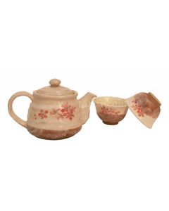 Teekanne mit 2 Teeschalen im japanischen Stil Rote Kirschblüten