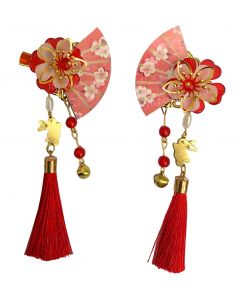 2 Haarclips mit roten Blumen und rosafarbenem Fächer jeweils links und rechts Kanzashi Haarschmuck zum Kimono